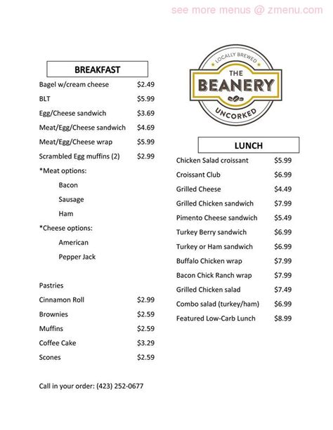 the beanery menu.